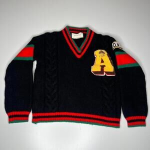 Gucci Wool Sweater XS Black Red Green Logo Patch Italy Made Pullover Preppy
